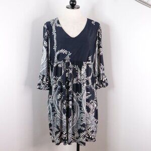 Ice Silk Women's 1X Navy Blue Paisley Polyester V-Neck Knee-Length Stretch Dress